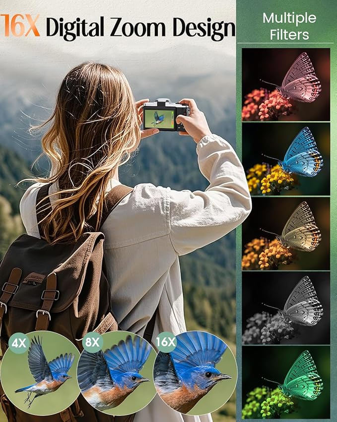 4K Digital Camera for Photography with WiFi,64MP Autofocus Vlogging Camera for YouTube,3'' 180° Flip Screen Compact Travel Camera for Teens with 32GB SD Card,16X Zoom,Anti-Shake,2 Batteries(Charcoal)-CubbioJoy