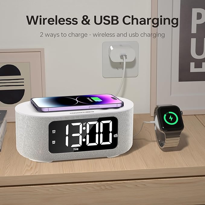 JALL Fabric Alarm Clock for Bedroom, with Big Led Screen Display, Bluetooth Stereo Sound Speaker, FM Radio, Fast Wireless Charging, USB Charging Port, Nightlight, White Noise, Ideal for Gift, Gray-CubbioJoy