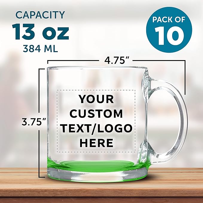 Custom Libbey Clear Glass Coffee Mugs 13 oz. Set of 10, Personalized Bulk Pack - Perfect for Coffee, Tea, Espresso, Hot Cocoa, Other Beverages - Green Bottom-CubbioJoy