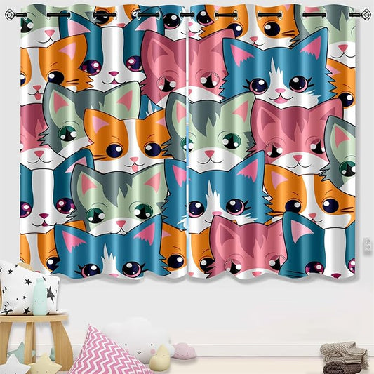 Cat Blackout Curtains for Girls - 2Pcs Cute Cartoon Cat Patterns Curtain Panels for Girls Bedroom Lovely Cats Drapes Darkening Window Curtain for Living Room Bedroom, 82" x 63"-CubbioJoy