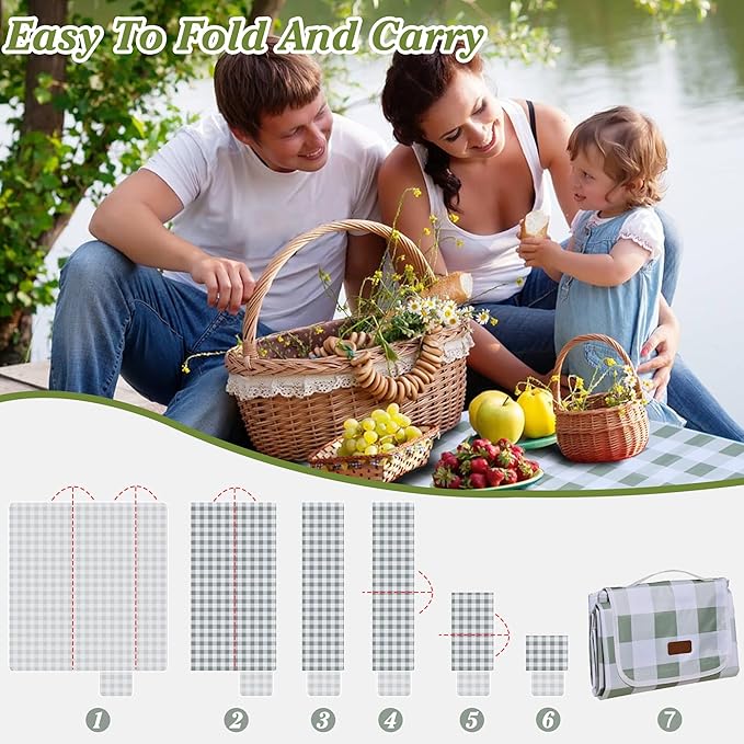 80"x80" Extra Large Waterproof Outdoor Mat - Sandproof Foldable Picnic Blanket for Family Camping, Backyard, Beach Parties - Heavy Duty & Easy Storage (Green&White)-CubbioJoy