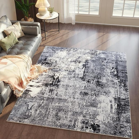 4x6 Rug Washable Boho Soft Area Rug Abstract Pattern Non-Slip Faux Wool Vintage Rug for Living Room, Bedroom Rug, Farmhouse, Dining Room, Kids Playroom, Grey and Black-CubbioJoy