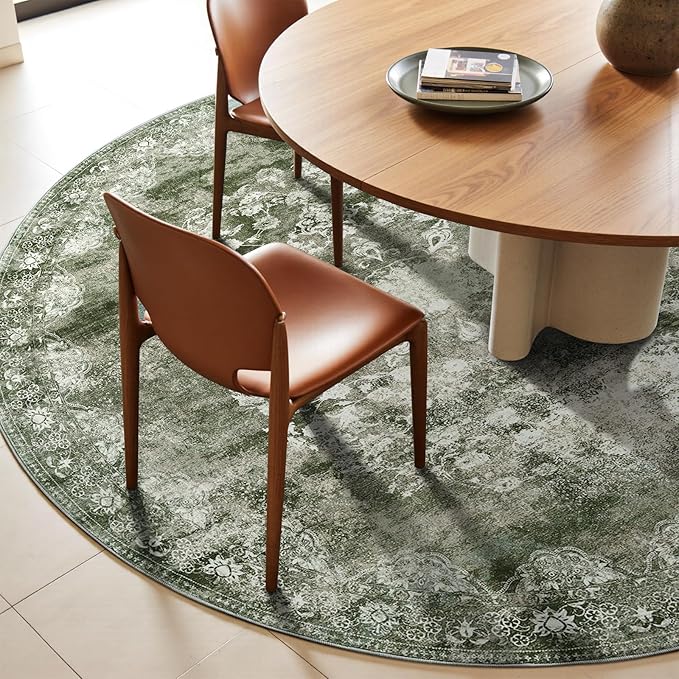 jinchan Round Rug 8ft Area Rug - Green Vintage Floor Mat Kitchen Indoor - Washable Circle 8' Thin Floral Print Carpet Retro Farmhouse Non Slip Dining Room Living Room Bedroom Office-CubbioJoy