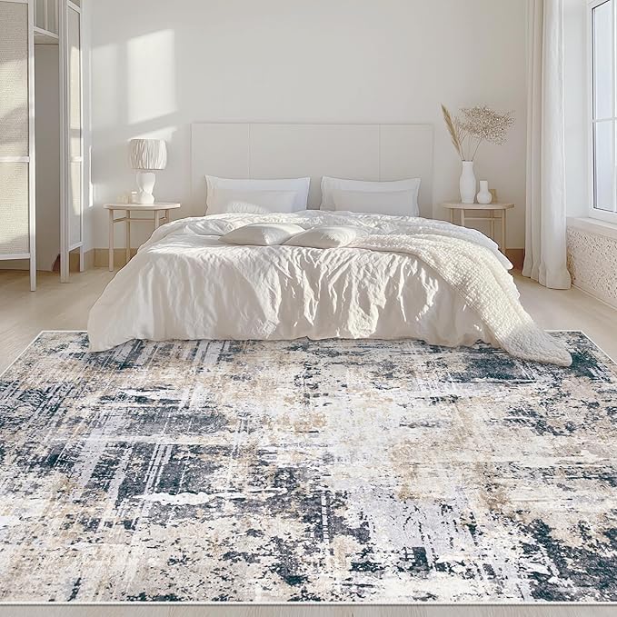Area Rugs 5x7 Living Room: Washable Rug Modern Abstract Rugs Soft Non Slip Neutral Rug Stain Resistant Indoor Carpet for Bedroom Kitchen Dining Room Nursery Home Office Rugs(Black Brown,5'x7')-CubbioJoy
