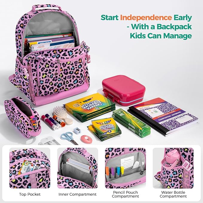 Choco Mocha Cheetah Backpack for Girls, Elementary School Backpack for Girls Ages 6-8 Kids Kindergarten Backpack Bookbag 17 Inch with Chest Strap, Pink Purple-CubbioJoy