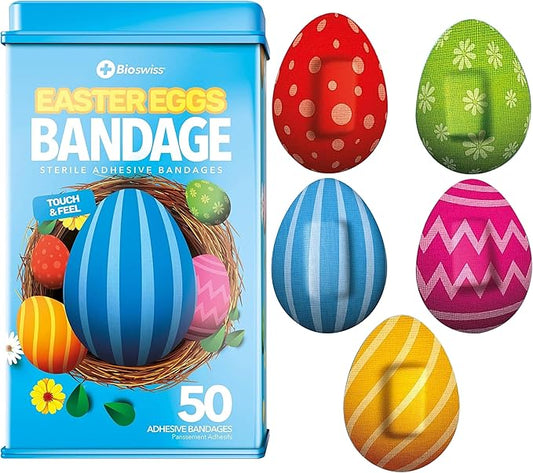 BioSwiss Bandages, Easter Egg Shaped Self Adhesive Bandage, Latex Free Sterile Wound Care, Fun First Aid Kit Supplies for Kids, 50 Count-CubbioJoy