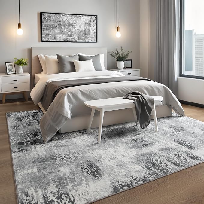 Kelarea Living Room Rug 4x6 Grey Area Rug Machine Washable Rugs, Non Slip Abstract Vintage Indoor Carpet for Bedroom, Nursery, Classroom, Dining Room, Home Office-CubbioJoy