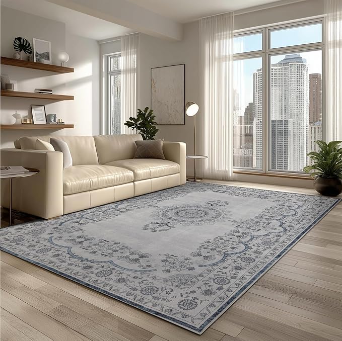 9x12 Area Rug Living Room Rugs, Stain Resistant Washable Rug, Vintage Large Non-Slip Backing, Low Pile Lightweight Print Rug for Bedroom Dinning Room Home Office (Grey/Blue)-CubbioJoy