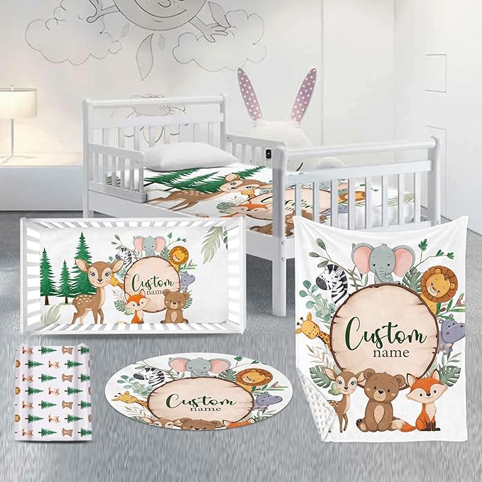 Custom Nursery Crib Bedding Set: Personalized Name 4 Piece Animal Theme Baby Crib Sets for Boys Girls - Toddler Double Layer Blanket Set, Comfortable Crib Bed Sheets for Baby Toddlers-CubbioJoy