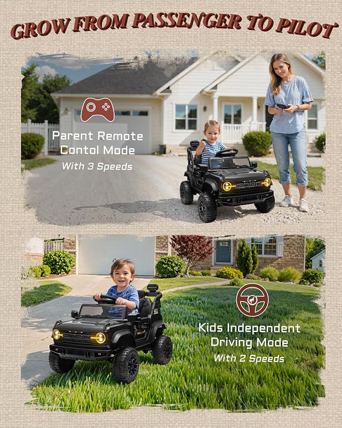 12V Ride on Toys for Kids, Licensed Ford Bronco Raptor Children Electric Vehicles, Toddler Battery Powered Car with Double Doors, 3 Point Safety Belt, Led Lights (12V, Black)-CubbioJoy