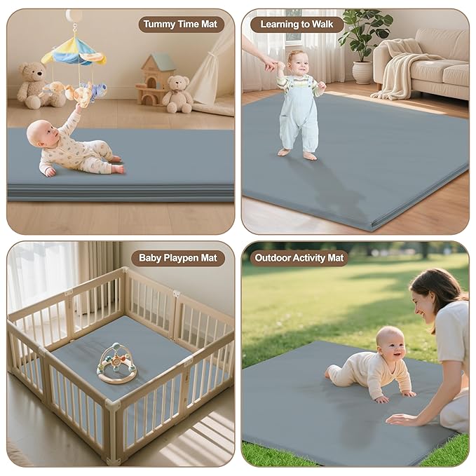 Baby Play Mat 47x47 Inches, Extra Thick 1.2" Foam Floor Mat for Tummy Time & Crawling, Waterproof Non-Slip Faux Leather Playpen Mat for Infants Toddlers, Indoor Outdoor Gym Activity, Blue-CubbioJoy