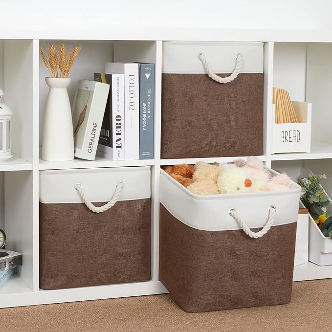 Bidtakay Collapsible Rustic Cube Storage - Brown Cloth Baskets with Handles, 13x13x13 Inch, Set of 3 Fabric Storage Bins-CubbioJoy