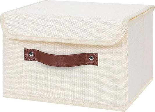 ANMINY Storage Bin with Lid Storage Boxes with PU Leather Handles PP Plastic Board Decorative Foldable Lidded Cotton Linen Fabric Home Cubes Baskets Closet Organizer Container - Beige, Small Size-CubbioJoy