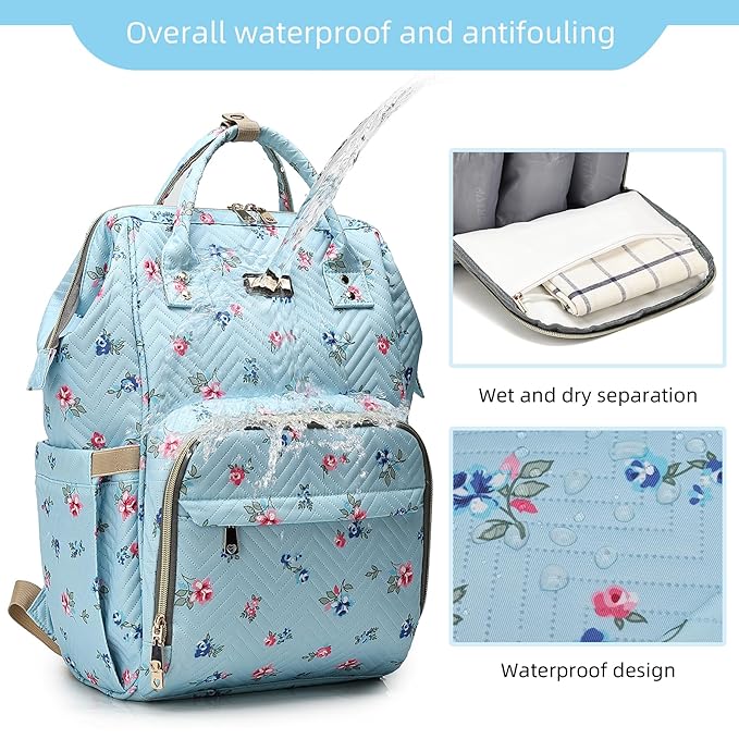 Diaper Bag Backpack for Women, Baby Bags for Girls,Diaper Bag with Changing Pad, and Insulated Pockets-Blue Flowers-CubbioJoy