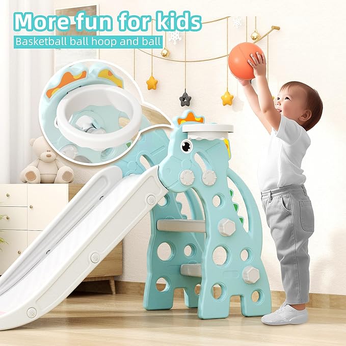 67i Toddler Slide for Indoor & Outdoor Play with Basketball Hoop, Anti-Slip Steps, 46.8in Baby Climber (Green)-CubbioJoy