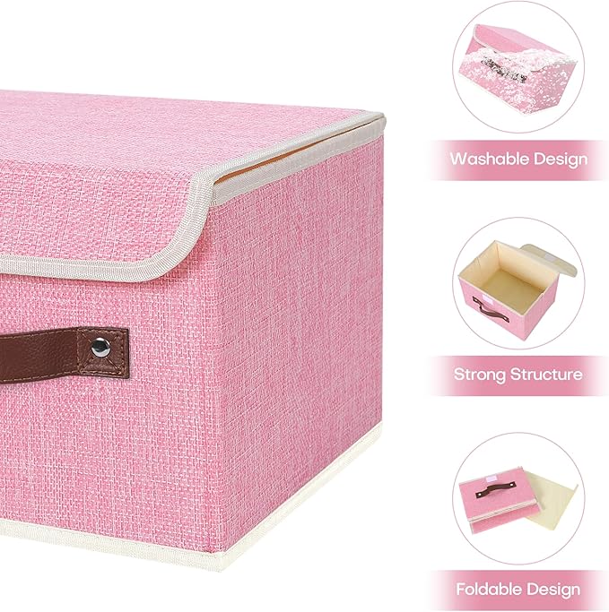 ANMINY Storage Bin with Lid Storage Boxes with PU Leather Handles PP Plastic Board Decorative Foldable Lidded Cotton Linen Fabric Home Cubes Baskets Closet Organizer Container - Pink, Small Size-CubbioJoy
