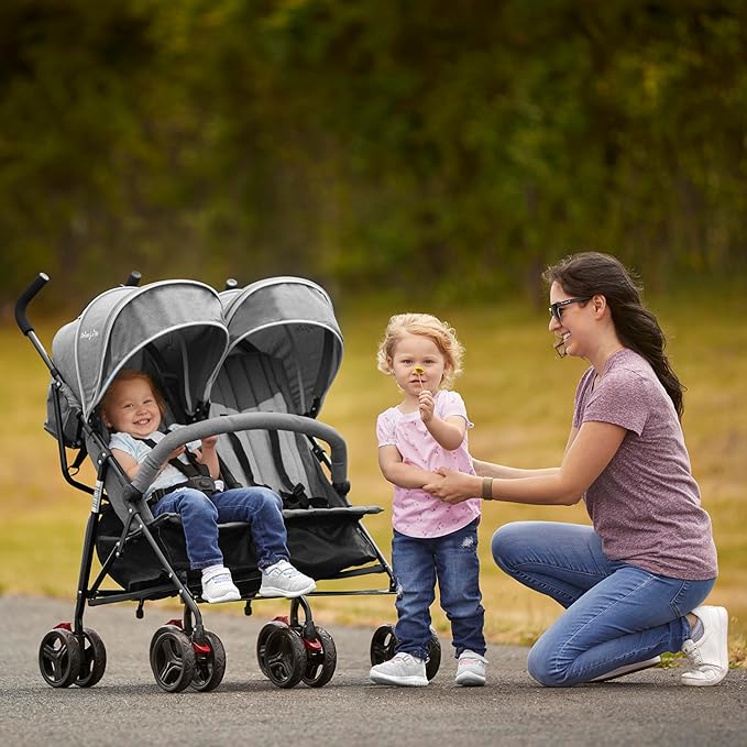 Dream On Me Volgo Twin Umbrella Stroller in Gray, Lightweight Double Stroller for Infant & Toddler, Compact Easy Fold, Large Storage Basket, Large and Adjustable Canopy-CubbioJoy