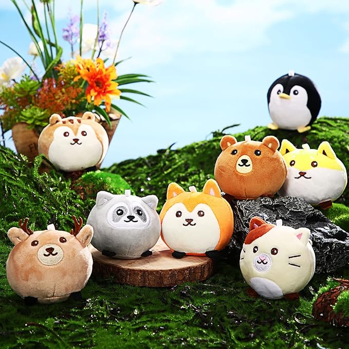 Aoriher 8 Pcs Mini Woodland Animals Plush Toys 3.15 Inch Soft Stuffed Animals Ornaments Bulk Colorful Woodland Keychain for Birthday Baby Shower Party Decors Classroom Prizes(Regular Style)-CubbioJoy