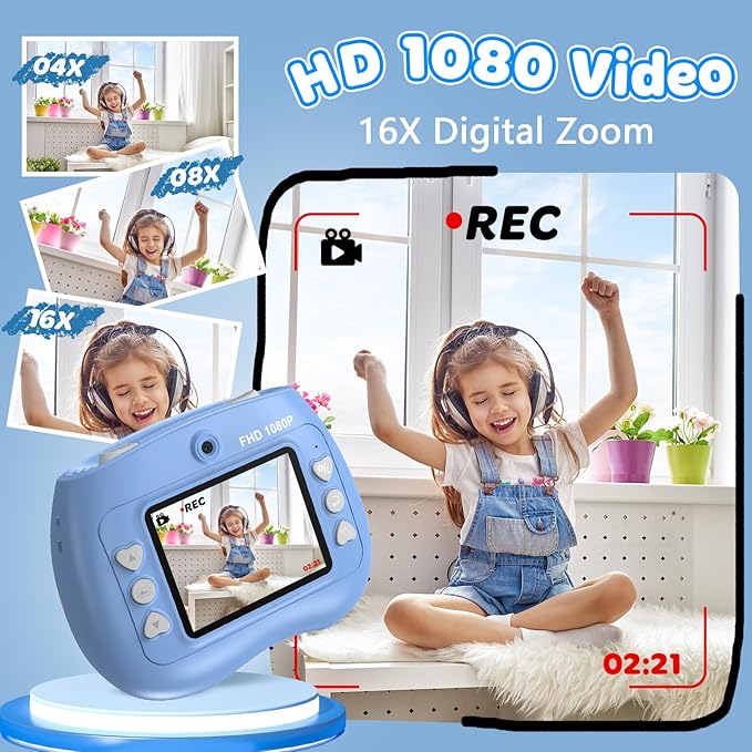 Instant Print Camera for Kids - Front Rear Dual Selfie Kid Print Camera, Fun Birthday Gift for Boys Ages 3-12, HD Digital Video Cameras, Easy to Use for Toddler - Blue-CubbioJoy