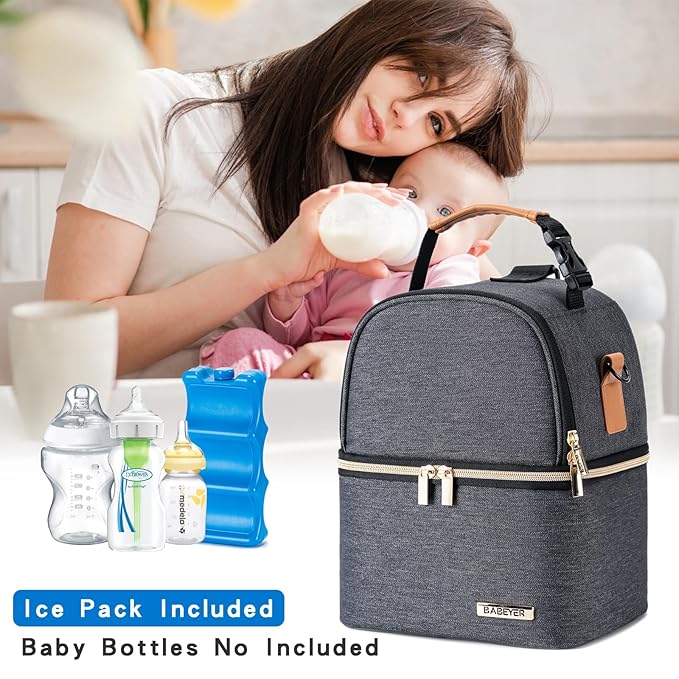 Breastmilk Cooler Bag with Ice Pack Fits 6 Baby Bottles up to 9 Ounce, Breastmilk Pump Cooler Bag with Shoulder Strap for Nursing Mom Daycare, Work, Travel- Grey-CubbioJoy