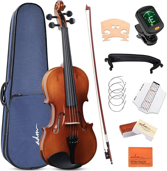 ADM 4/4 Full Size Wood Violin Set for Kids Teens Students Adults Beginner Acoustic Violin Glossy Fiddle Starter Kit with Hard Case, Rosin, Shoulder Rest, Bow, Clip-on Tuner and Fingerboard Sticker-CubbioJoy