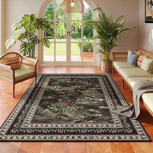 4x6 Rug for Bedroom Impressionist-Style Vintage Washable Rugs Non Slip Low Pile Small Carpet for Bedside Kids Room Office Dining Room, Black-CubbioJoy
