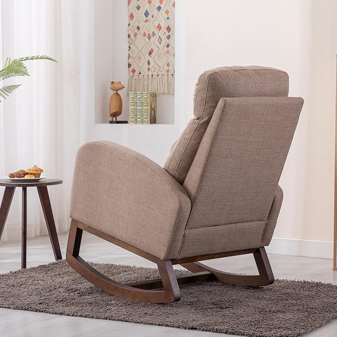 Dolonm Nursery Rocking Chair for Living Room, Upholstered Mid-Century Modern Nursery Rocking Armchair Tall Back Accent Glider Rocker, Camel-CubbioJoy