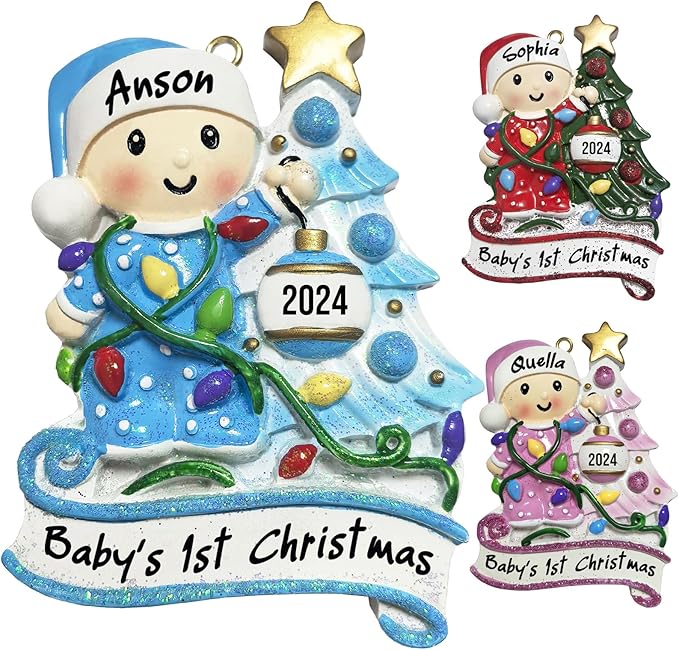 Baby's First Christmas Ornament 2025 Personalized Christmas Ornaments with Name Snow Baby in Stocking with Snowflake Custom Tree Ornament Decorations Ornaments,Blue-CubbioJoy