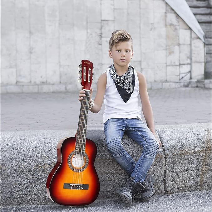 ADM Beginner Acoustic Classical Guitar 30 Inch Nylon Strings Wooden Guitar Bundle Kit for Kid Boy Girl Student Youth Guitarra Online Lessons with Gig Bag, Strap, Tuner, Extra String,Pick,Sunbrust 1-CubbioJoy