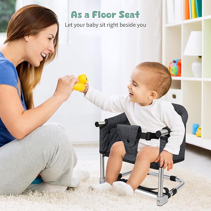 Booster Seat for Dining Table: Portable Toddler Booster Chair with Safety Buckle and Height Adjustable, Foldable Baby Feeding Chair, Kids High Chair Booster Seat for Kitchen Home Travel - Black-CubbioJoy