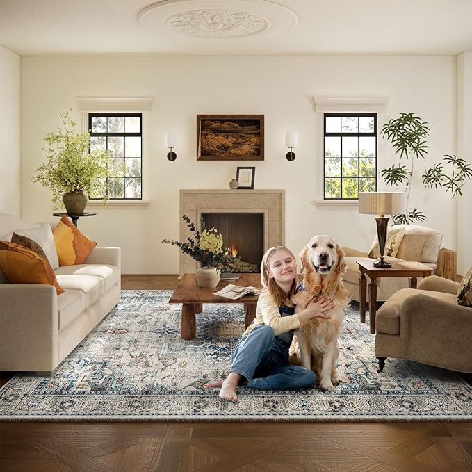 8x10 Area Rugs for Living Room: Washable Bedroom Rug Boho Vintage Rugs Stain Resistant Non Slip Low Pile Soft Lightweight Carpet for Kitchen Dining Room Farmhouse Nursery Kids Room Home Office-CubbioJoy