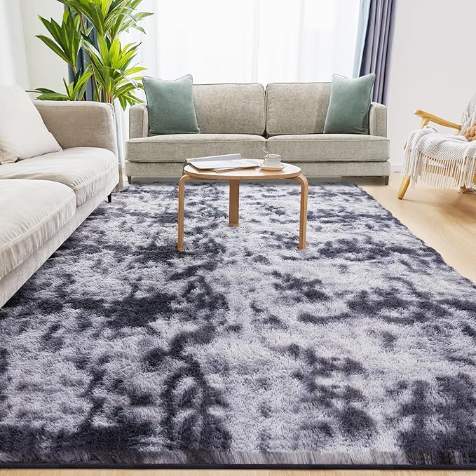 6x9 Area Rugs for Living Room, Fluffy Shaggy Bedroom Rug Indoor Carpet, Anti-Skid Soft High Pile Rug for Nursery, Kids Room, Bedside, Home Decoration, Tie-Dyed Dark Grey-CubbioJoy