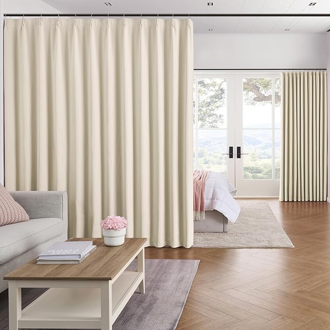 KEQIAOSUOCAI Pleat Patio Sliding Door Curtains 100 Wide x 90 Long Cream Beige Drapes 2 Panels Room Divider Curtain,Wide Width Thermal Insulated Room Darkening Window Treatment for Living Room-CubbioJoy