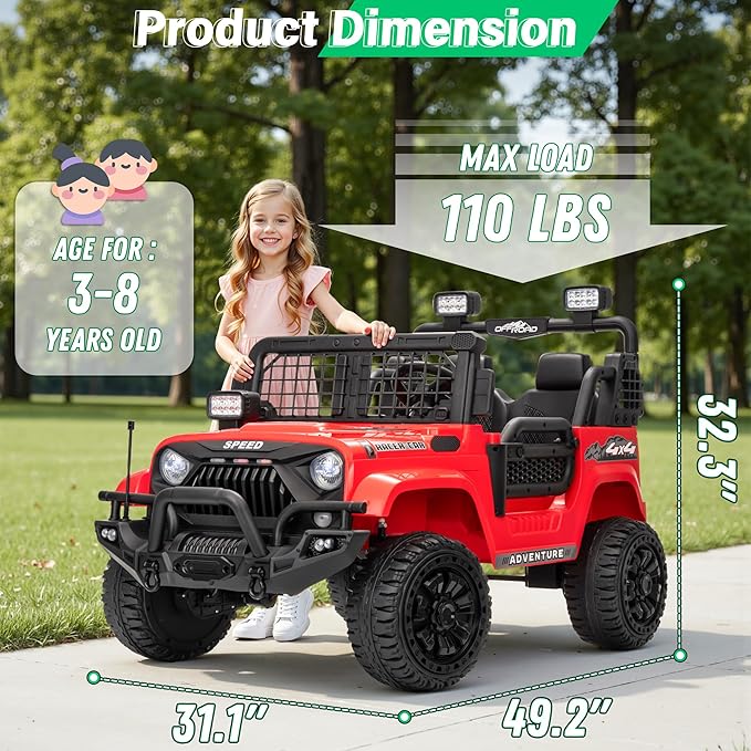 2 Seater Ride On Car Truck with Remote Control XL, Kids 24V Battery Powered Electric Vihicle w/21 in Seat, 3 Speeds, 2WD/4WD Switichable, Shock Absorbers,Bluetooth, Flower, Gift Choice-CubbioJoy