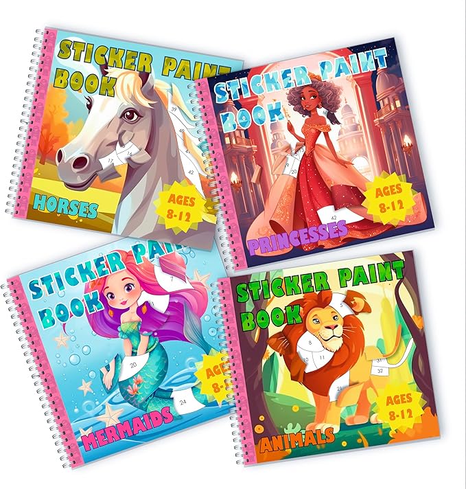 BulbaCraft 4Pcs Sticker Paint Books for Girls - Sticker Books by Number with Mermaids, Princesses, Animals and Horses - Coloring Activity for Kids-CubbioJoy