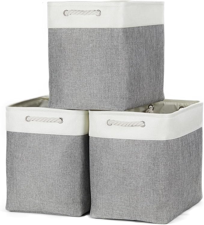 Bidtakay Extra Large Storage Baskets for Organizing 17x12x15.1 inch 3-Pack Fabric Closet Organizers Storage Bins with Handles Foldable Storage Baskets for Shelves Clothes XL-White&Grey-CubbioJoy