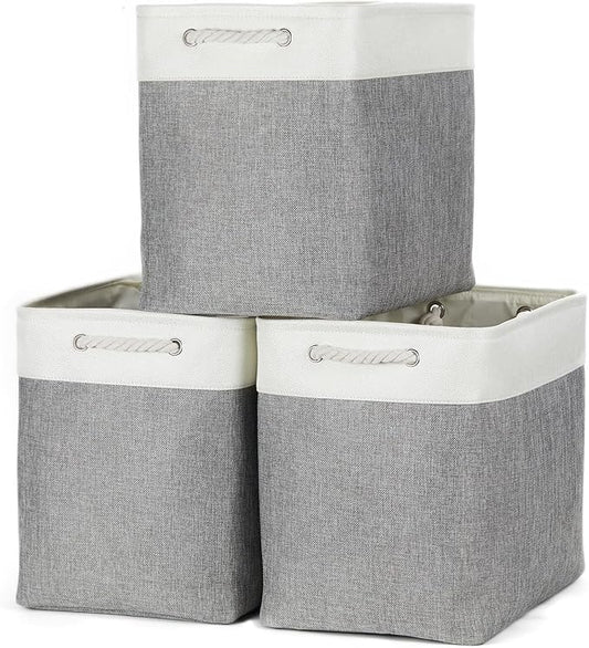 Bidtakay Extra Large Storage Baskets for Organizing 17x12x15.1 inch 3-Pack Fabric Closet Organizers Storage Bins with Handles Foldable Storage Baskets for Shelves Clothes XL-White&Grey-CubbioJoy