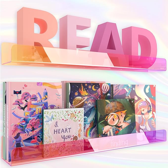 24 inches Iridescent Acrylic Bookshelf, Wall Mounted Display for Kids Room, Nursery, Toddler, Classroom (2 Packs)-CubbioJoy