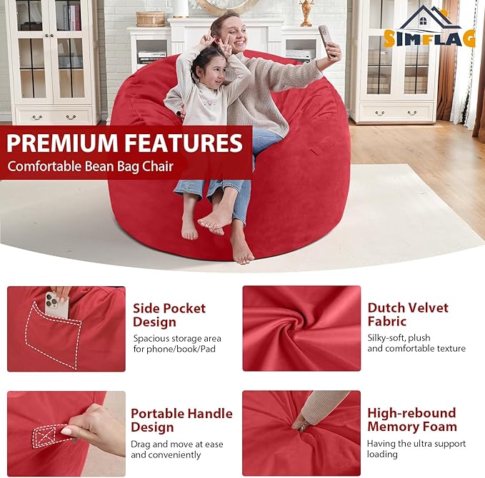 3FT Bean Bag Chair, Comfy Bean Bag Chairs with Memory Foam Filled, Fluffy Beanbag Sofa with Dutch Velvet Cover, Round BeanBag Chairs for Living Room, Playroom - Red-CubbioJoy
