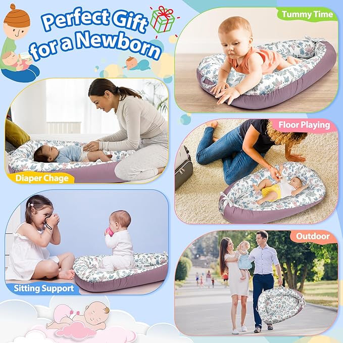 Baby Lounger - Breathable & Soft Baby Nest, Portable and Lightweight Tummy Time Lounger for Home and Travel, Ideal Newborn Babies Essentials Baby Shower Gifts-CubbioJoy