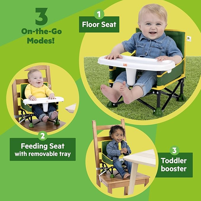 Bright Starts John Deere Pop 'N Sit Portable Booster Chair, Floor Seat, Indoor/Outdoor Use, Compact Fold, Green and Yellow, 6 Mos - 3 Yrs-CubbioJoy