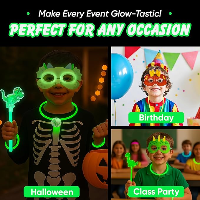Dinosaur Party Favors Pack – Glow in the Dark Party Supplies | 6 Dinosaur Masks, 6 Bracelets, 6 Necklaces, 6 Wands, 42 Dino Glow Sticks & 80 Stickers | Birthday Classroom Halloween Trick or Treat-CubbioJoy