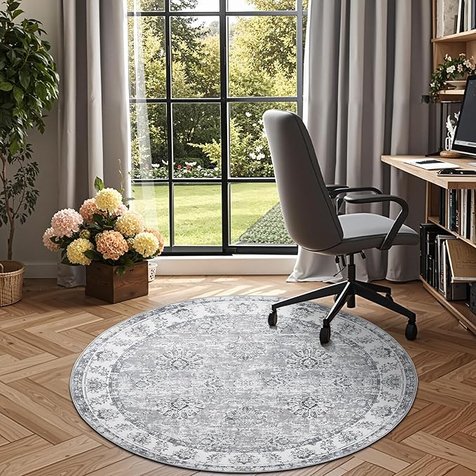 jinchan Round Rug 5ft Area Rug - Indoor Vintage Hallway Circle 5' Washable - Ultra-Thin Low Pile Soft Small Non Slip Distressed Floral Print for Living Room Dining Room Bedroom Entryway Grey-CubbioJoy