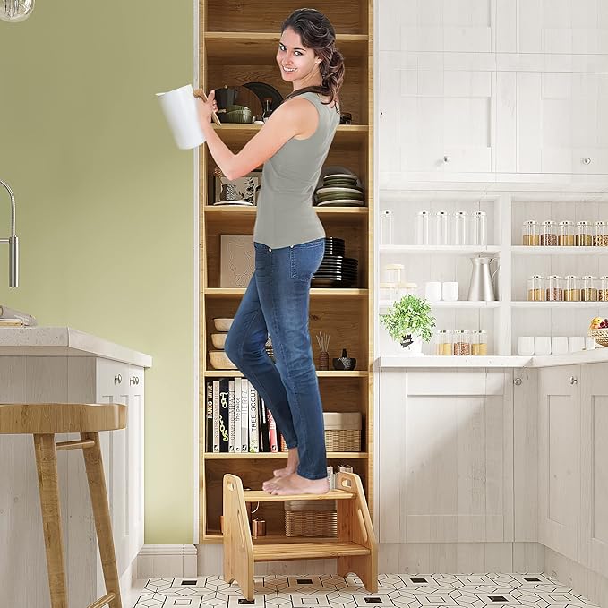 AMBIRD Wooden Step Stool, Two Step Stools Toddler 300 lbs Capacity with Safety Non-Slip Pads and Handles, Bamboo Step Stool for Bathroom, Kitchen Dual Height Step Stools for Kids (Natural)-CubbioJoy