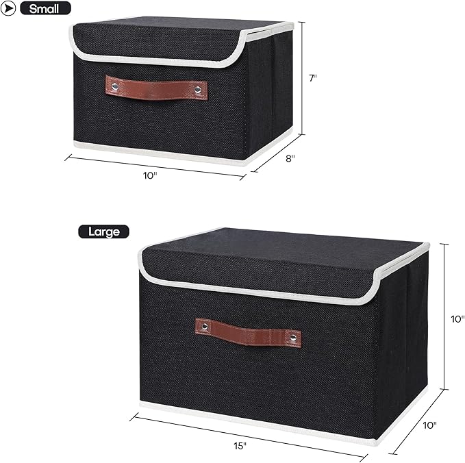 ANMINY 2PCS Storage Bins with Lid PU Leather Handles Storage Boxes PP Plastic Board Decorative Foldable Lidded Cotton Linen Fabric Home Cubes Baskets Closet Organizer Containers - Black, Small Size-CubbioJoy