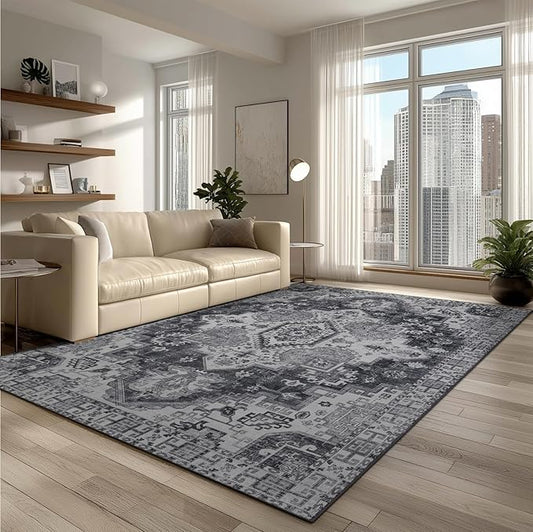 9x12 Area Rug Living Room Rugs, Stain Resistant Washable Rug, Vintage Large Non-Slip Backing, Low Pile Lightweight Print Rug for Bedroom Dinning Room Home Office (Medium Gray)-CubbioJoy