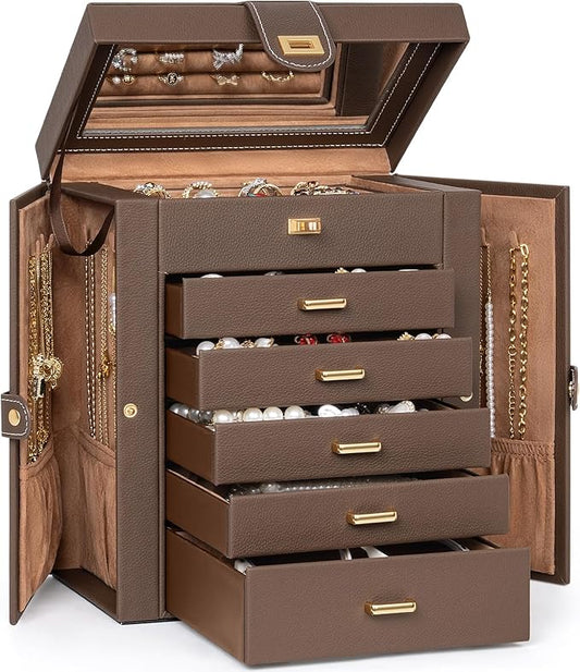 AKOZLIN 6-Tier Jewelry Box Organizer Functional 5 Drawers Leather Jewelry Storage Case for Women Girls Ring Necklace Earring Bracelet Holder Organizer with Mirror Brown-CubbioJoy