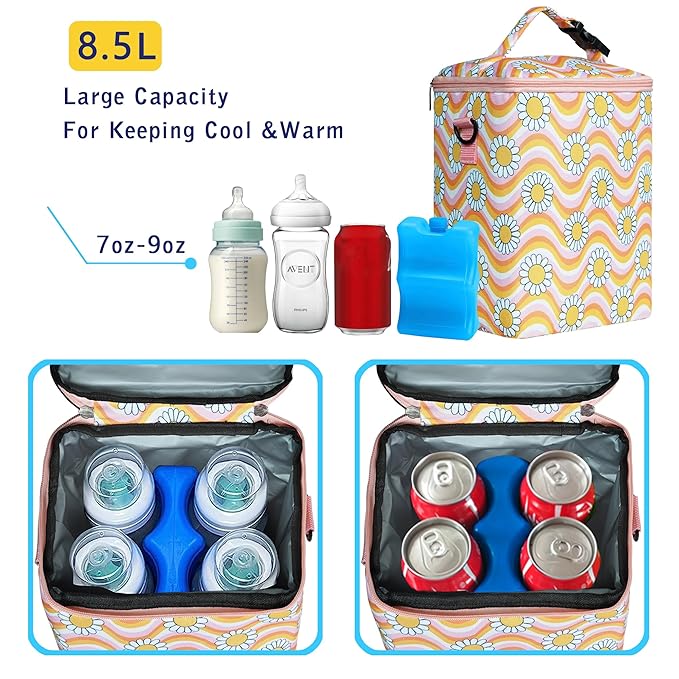 Breastmilk Cooler Bag with Ice Pack Fits 4 Baby Bottles Up to 9 Ounce Insulated Baby Bottle Bag Breast Milk Cooler on The Go with Strap Baby Bottle Cooler Bag for Nursing Mom Daycare or Travel-CubbioJoy