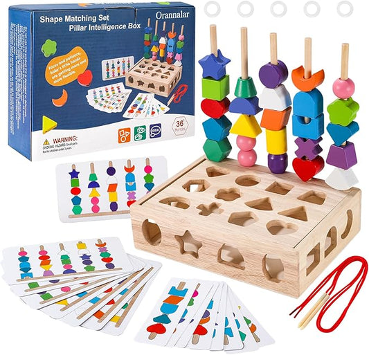 3 in 1 Montessori Wooden Beads Sequencing Toy Set - Color Sorting Stacking Geometric Shape Matching Game Beads Sequencing Toy Lacing Beads Stem Fine Motor Skills for Toddlers-CubbioJoy