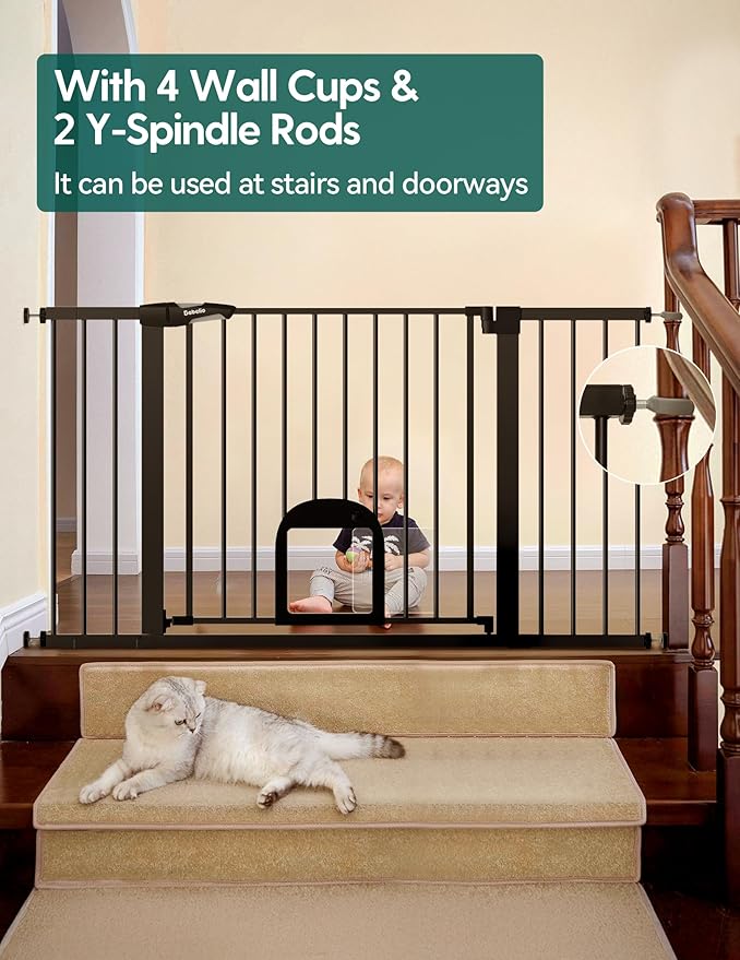 Babelio 36.5-57" Extra Wide Baby Gate with Cat Door,Auto Close&Two Way Swing,Pressure Mounted Dog Gates for Stairs,Doorways,Includes 4 Wall Cups and 3 Extension Pieces,Black-CubbioJoy